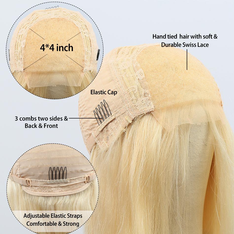 4x4 #613 Blonde Straight Bob Wig Human Hair Lace Front Wig Silky Blunt Cut