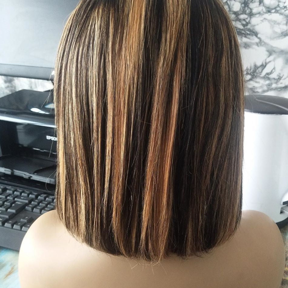 T4/27 Straight Blonde Bob Wig Ombre Human Hair Silky Blunt Cut