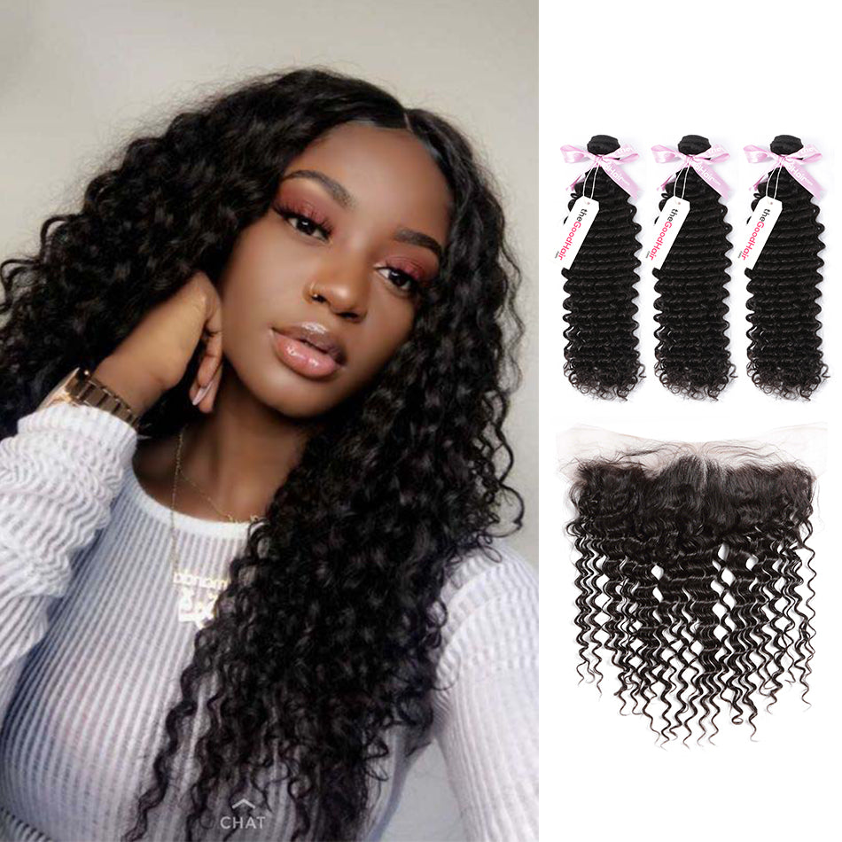 7A 3 Bundles Brazilian Hair With Frontal Deep Curly