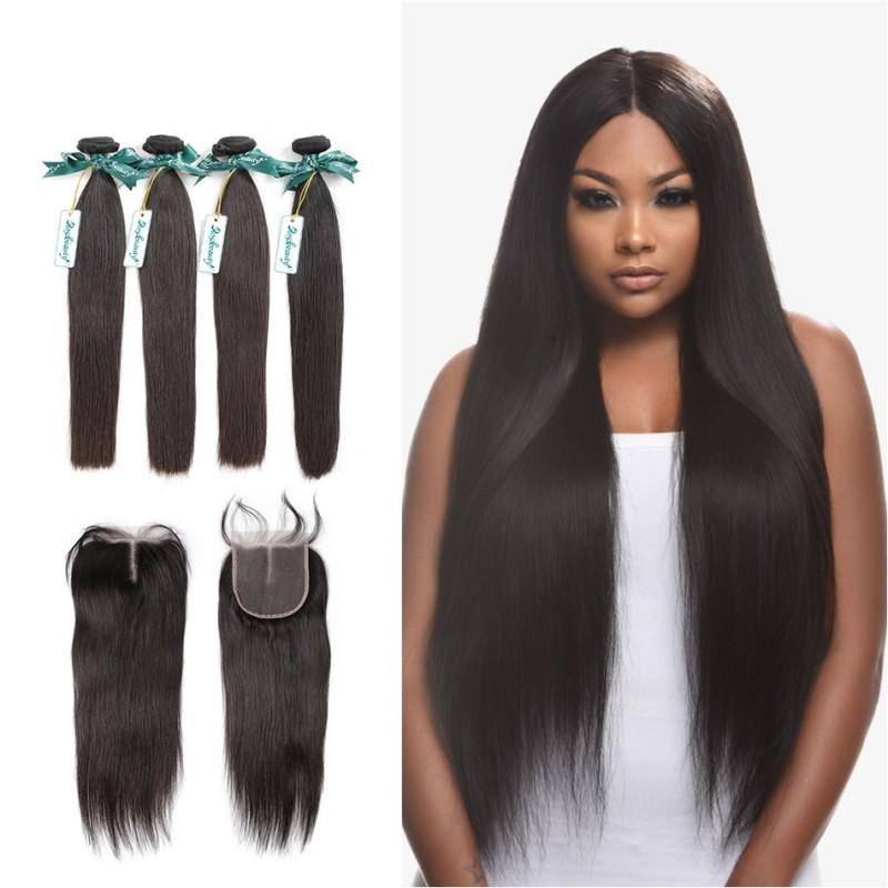 7A 4 Bundles Hair Weave Brazilian Hair With Lace Closure Straight