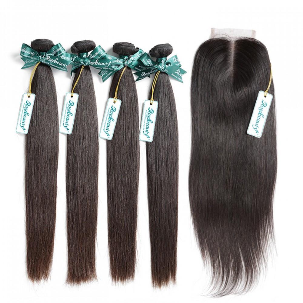 7A 4 Bundles Hair Weave Brazilian Hair With Lace Closure Straight