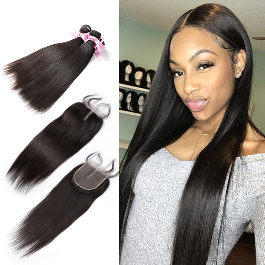 7A 3 Bundles Hair Weave Brazilian Hair With Lace Closure Straight