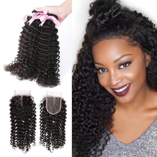 7A 3 Bundles Hair Weave Brazilian Hair With Lace Closure Deep Curly