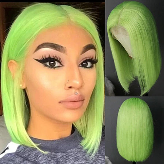 Straight Green Bob Wig Brazilian Human Hair Short Lace Front Wig