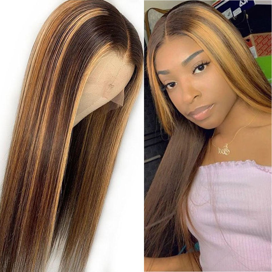 T4/27 13x6 Lace Front Human Hair Wigs Pre Plucked Brazilian Straight Remy Frontal Wig